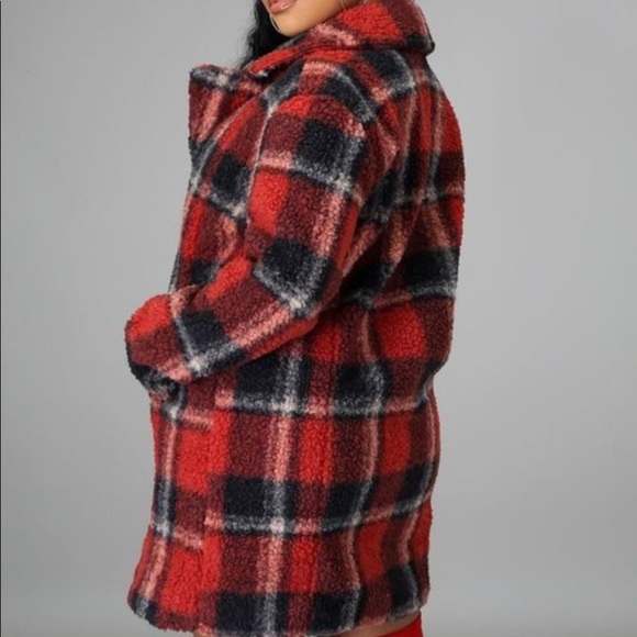 WOMEN’S RED COLLAR PLAID FLANNEL PLUSH TEDDY COAT - Picture 9 of 12